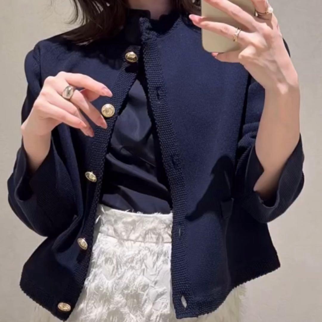 ZOZO アニュアンス　オリジナルボタンノーカラーニットジャケット　ネイビー