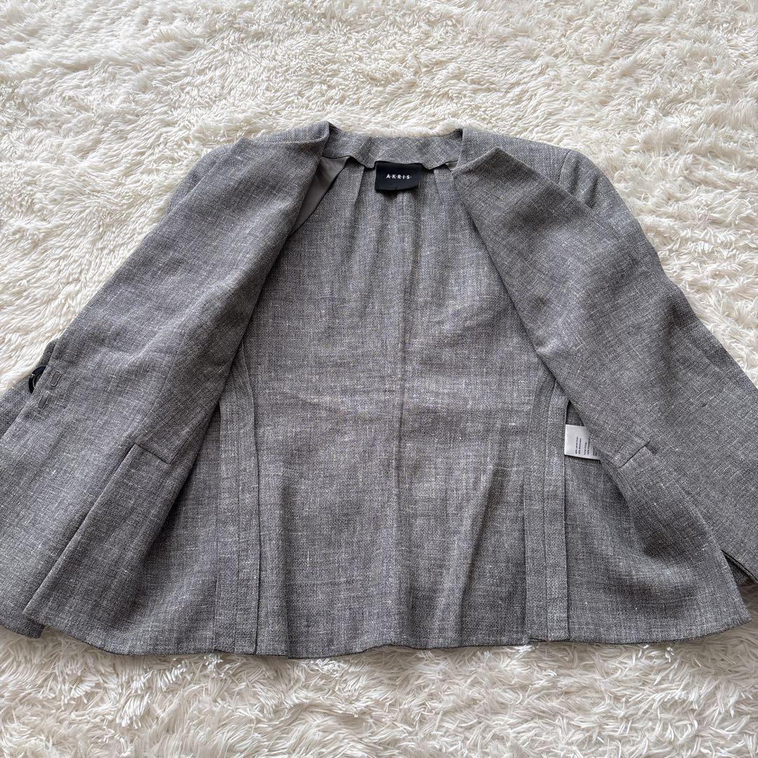 AKRIS アクリス ノーカラージャケット ウールリネン フロントフック 38