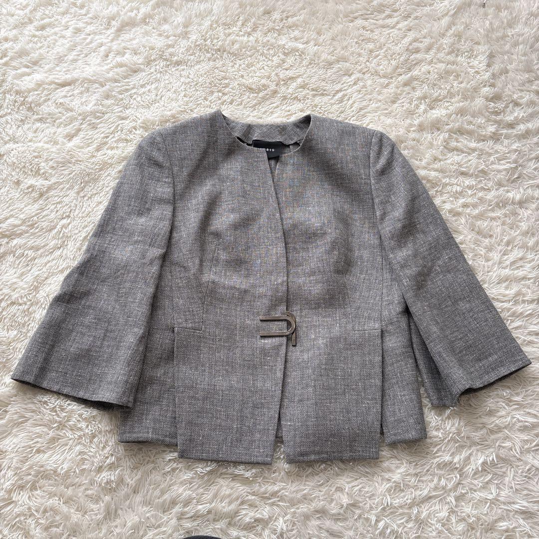 AKRIS アクリス ノーカラージャケット ウールリネン フロントフック 38