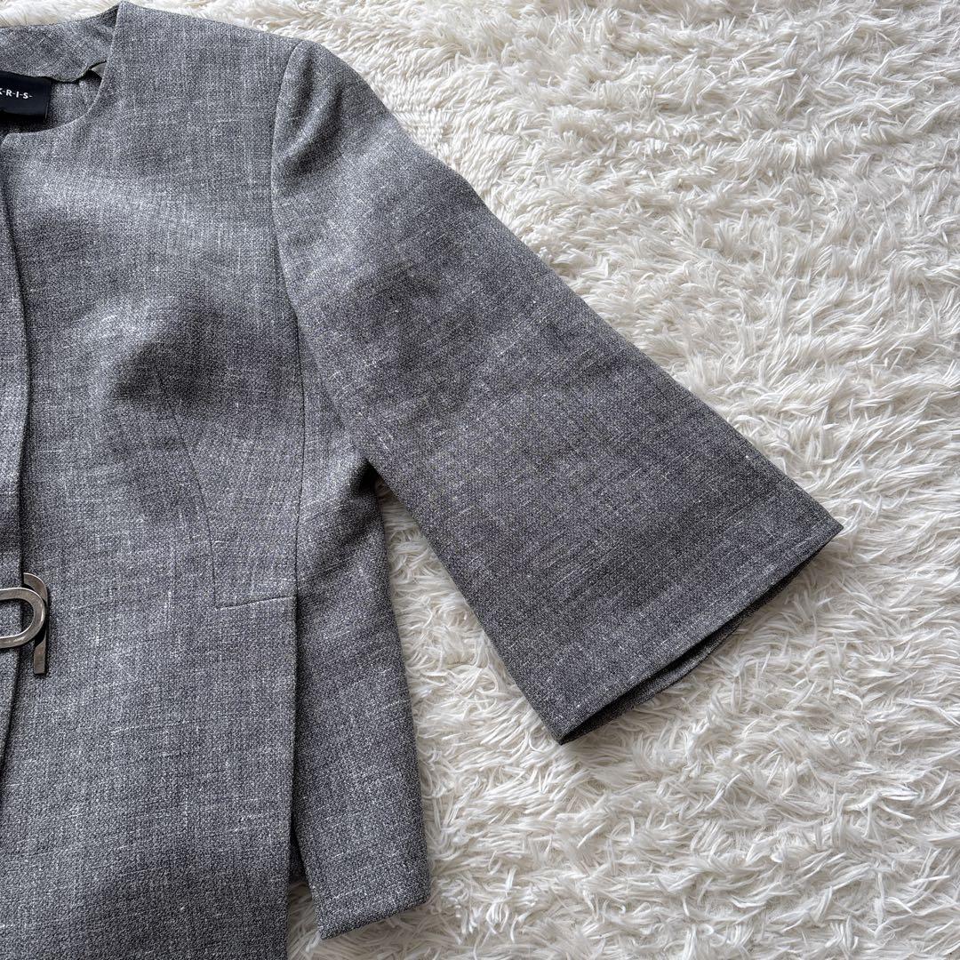 AKRIS アクリス ノーカラージャケット ウールリネン フロントフック 38