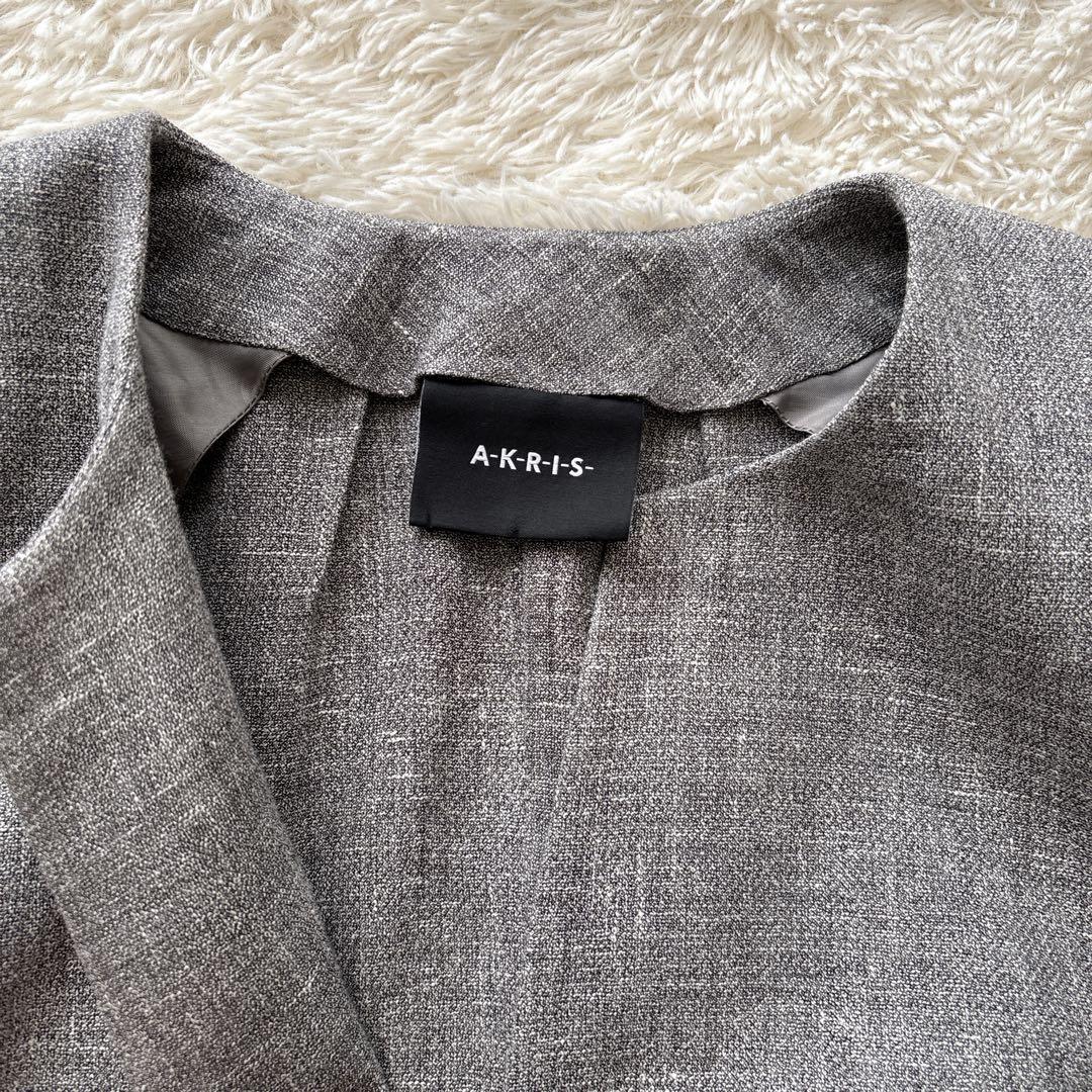 AKRIS アクリス ノーカラージャケット ウールリネン フロントフック 38