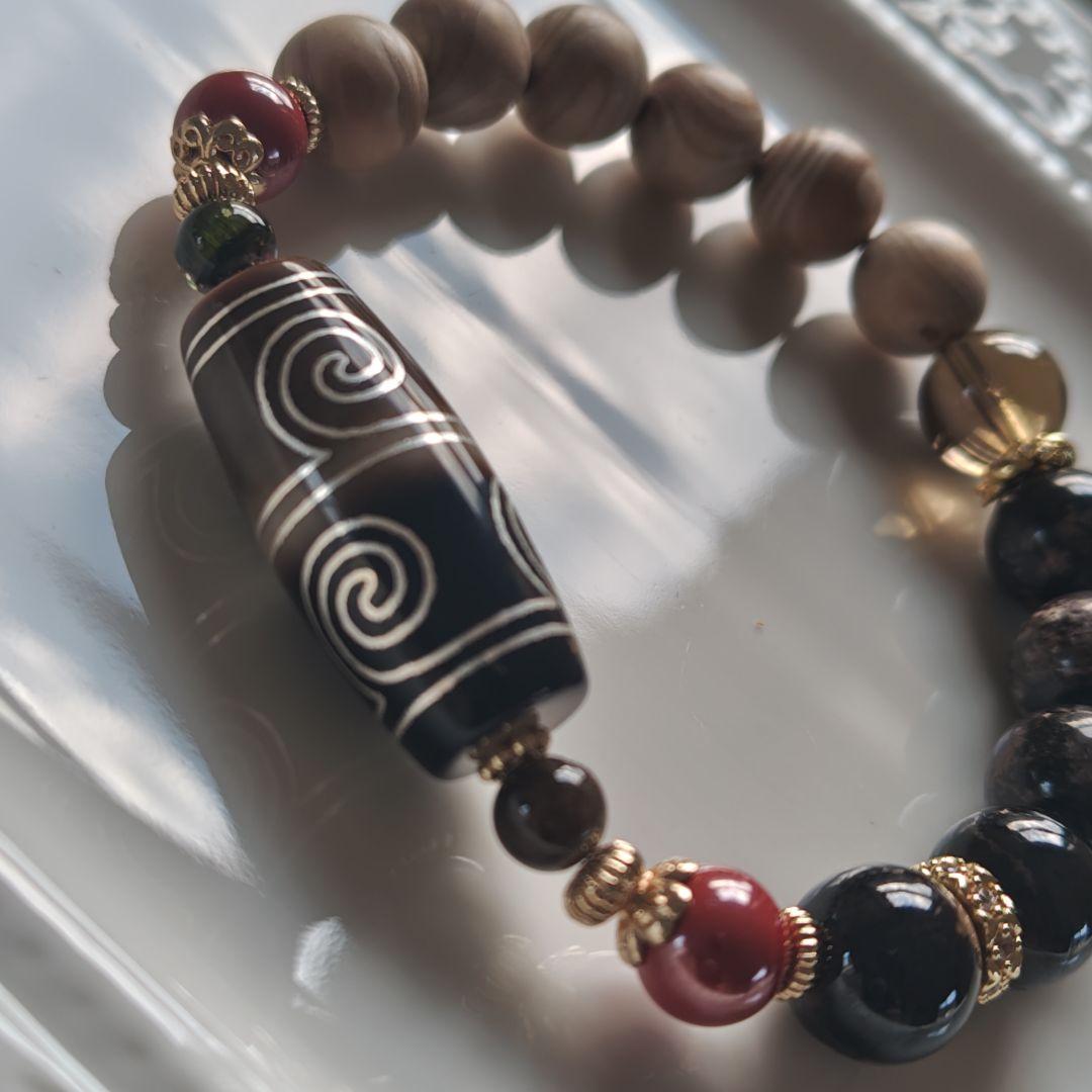 新作☆カフェモカハーフ銀線白毫天珠ブレスレット