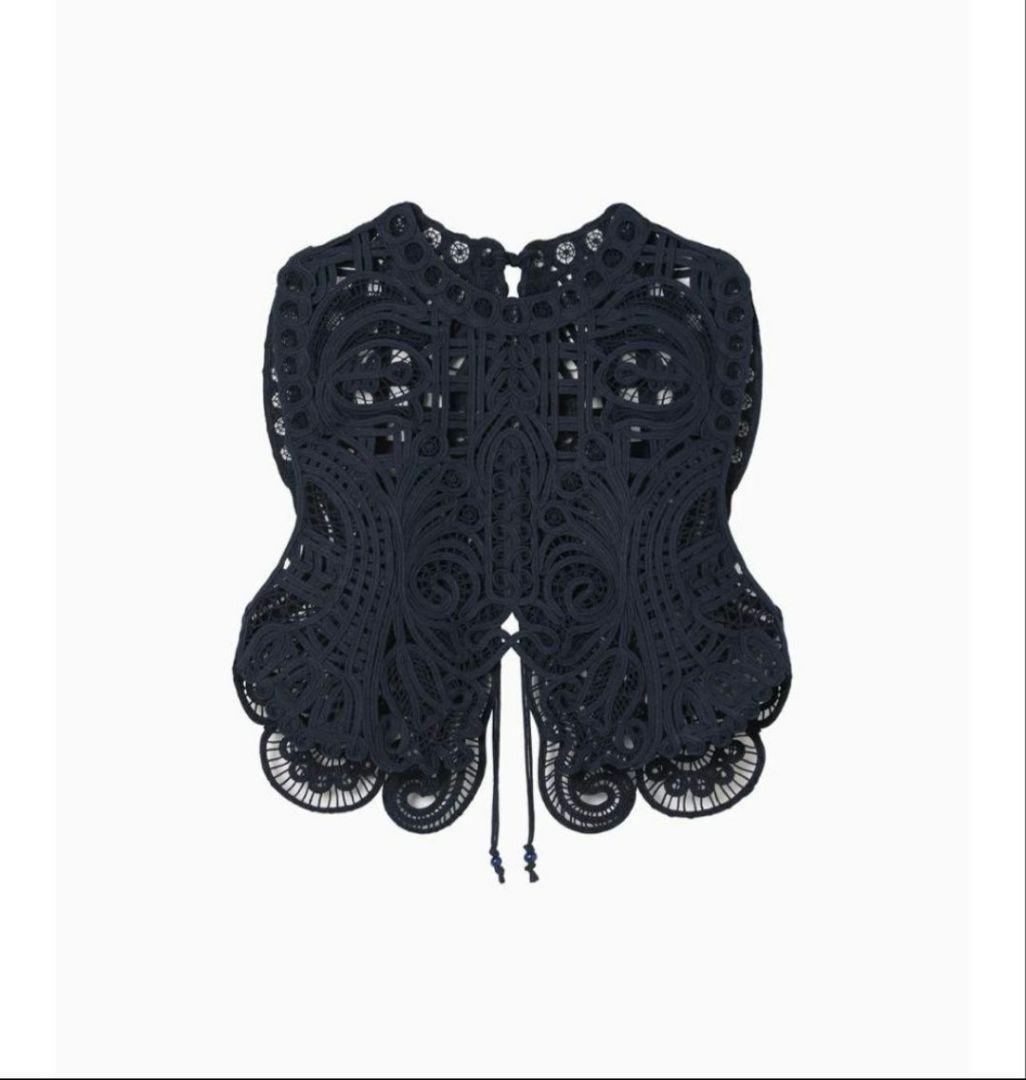 マメクロゴウチ コード刺繍 ネイビー レース編み ベスト ビスチェ