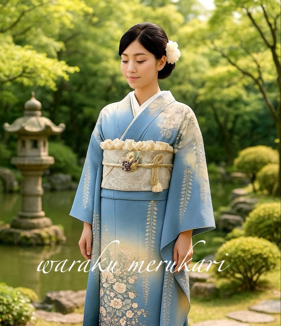 ■十日町名門桐屋翠山工房 落款■辻が花■ライトブルー■花絞り■正絹振袖フルセット