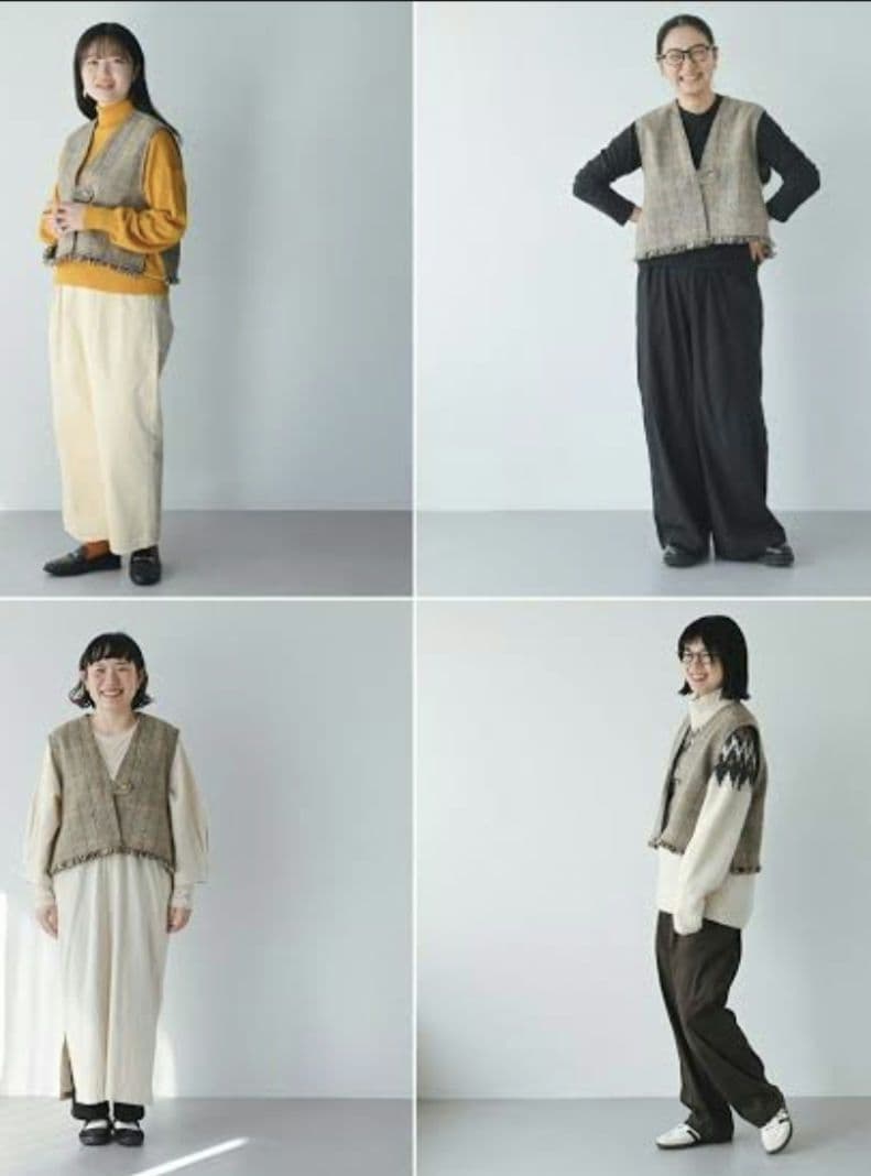 北欧の暮らしの道具店ヘリンボーン柄のウールのベスト フリンジ付き