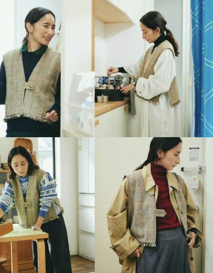 北欧の暮らしの道具店ヘリンボーン柄のウールのベスト フリンジ付き