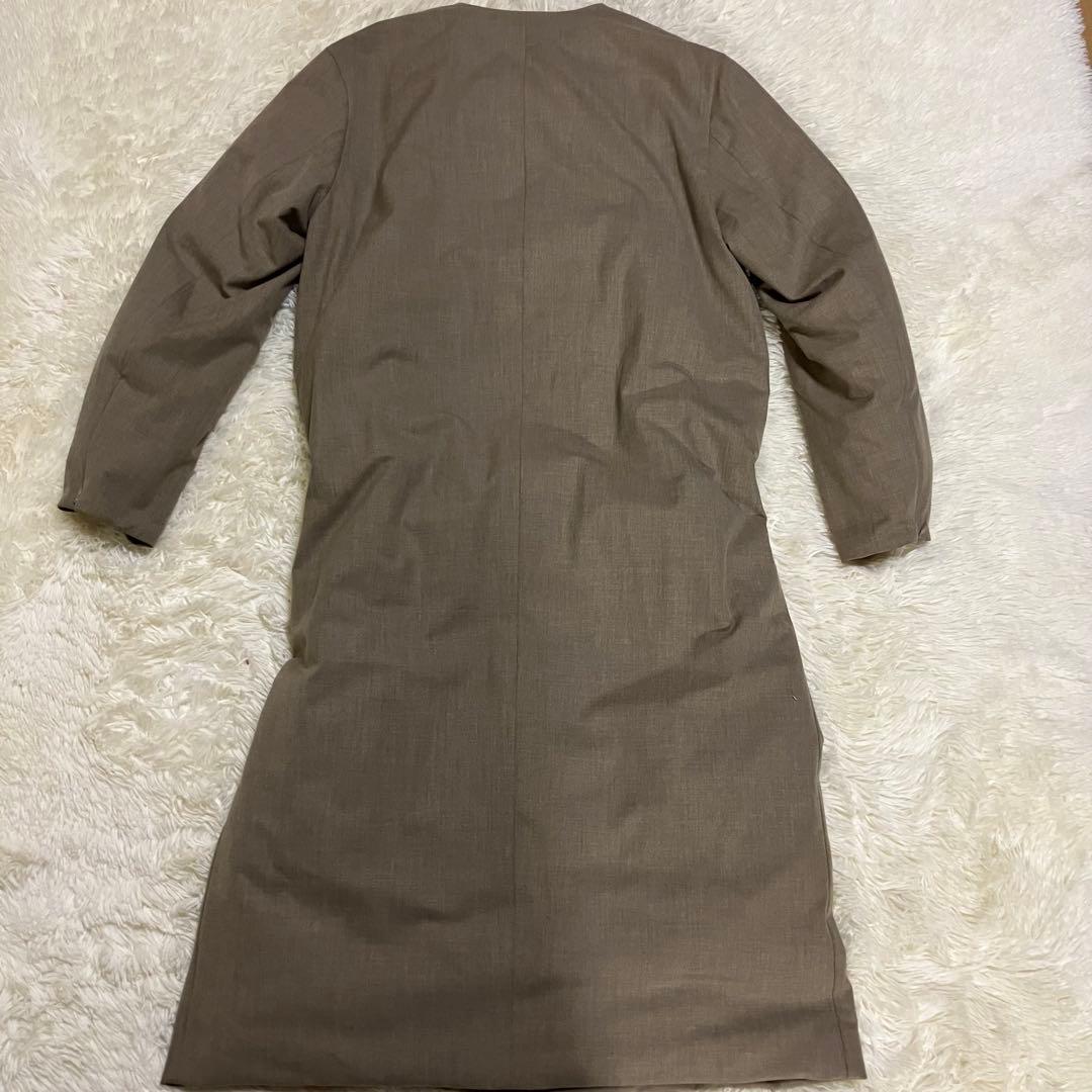 美品　ベイジ　ノーカラー　ロング　ダウン　ブラウン　Aライン　コート