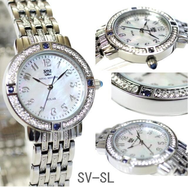 新品 ロイヤルモントレス ソーラー　サファイヤ4石　レディース 腕時計 シルバー