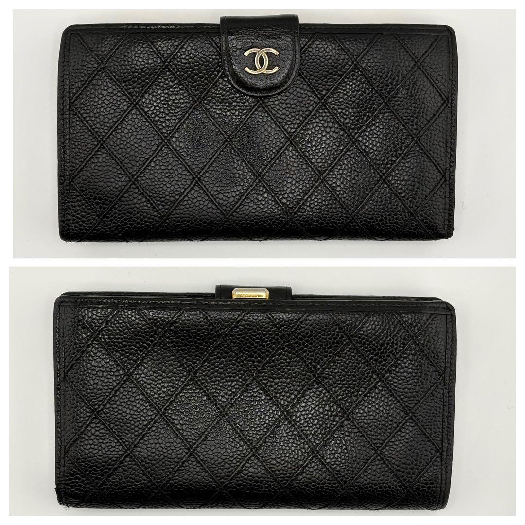 【良品✨】シャネル ビコローレ キャビアスキン がま口 長財布 ブラック 4番台