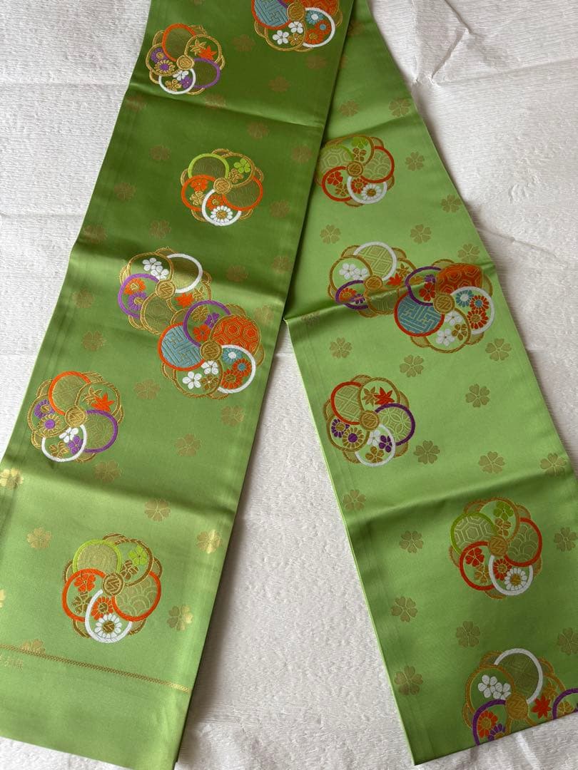 七五三に★逸品　西陣織　正絹ひわ色に捻り梅　袋帯　子供用　ジュニア