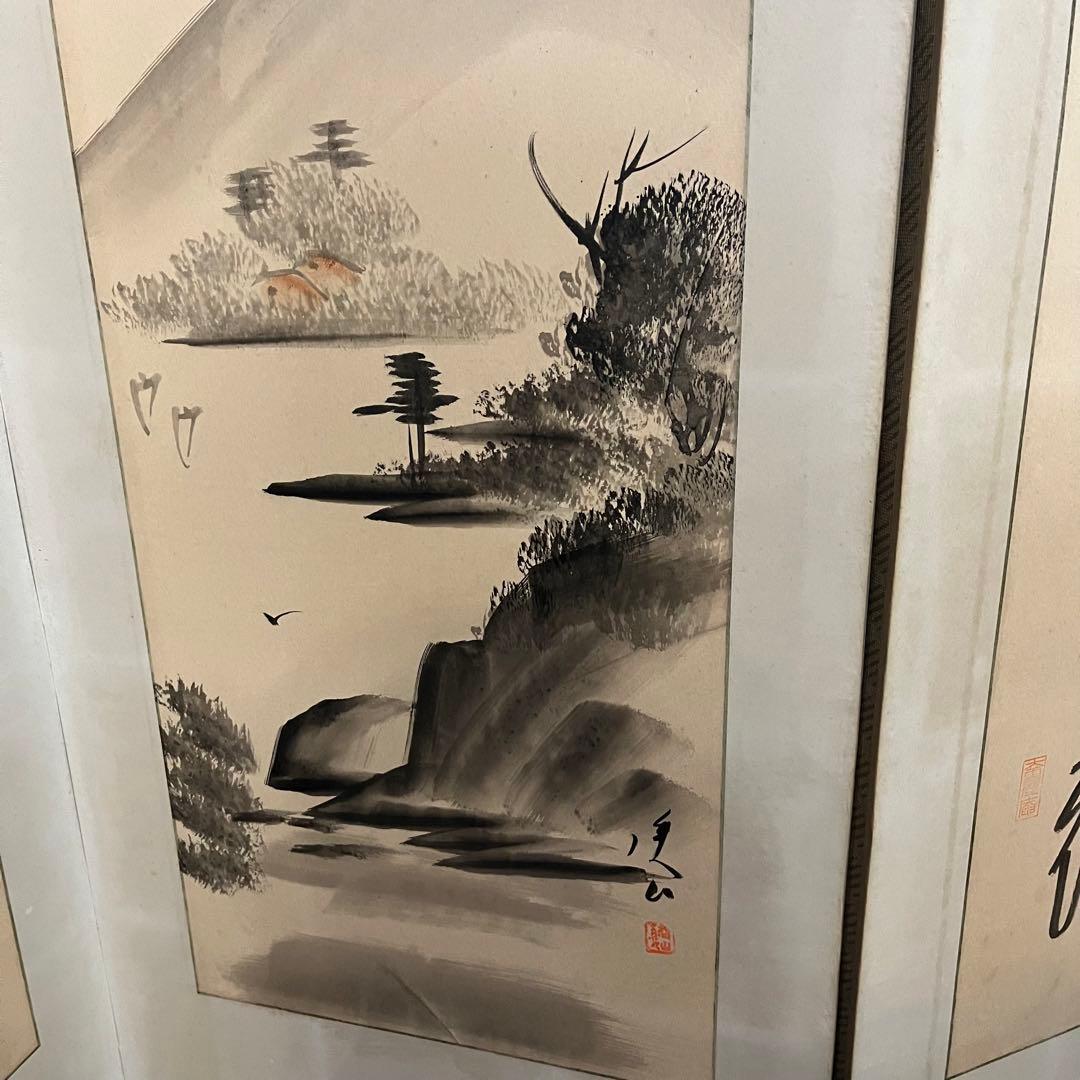 【アンティーク】昭和レトロ 御肉筆屏風 風景画 書 6枚 パーテーション 衝立