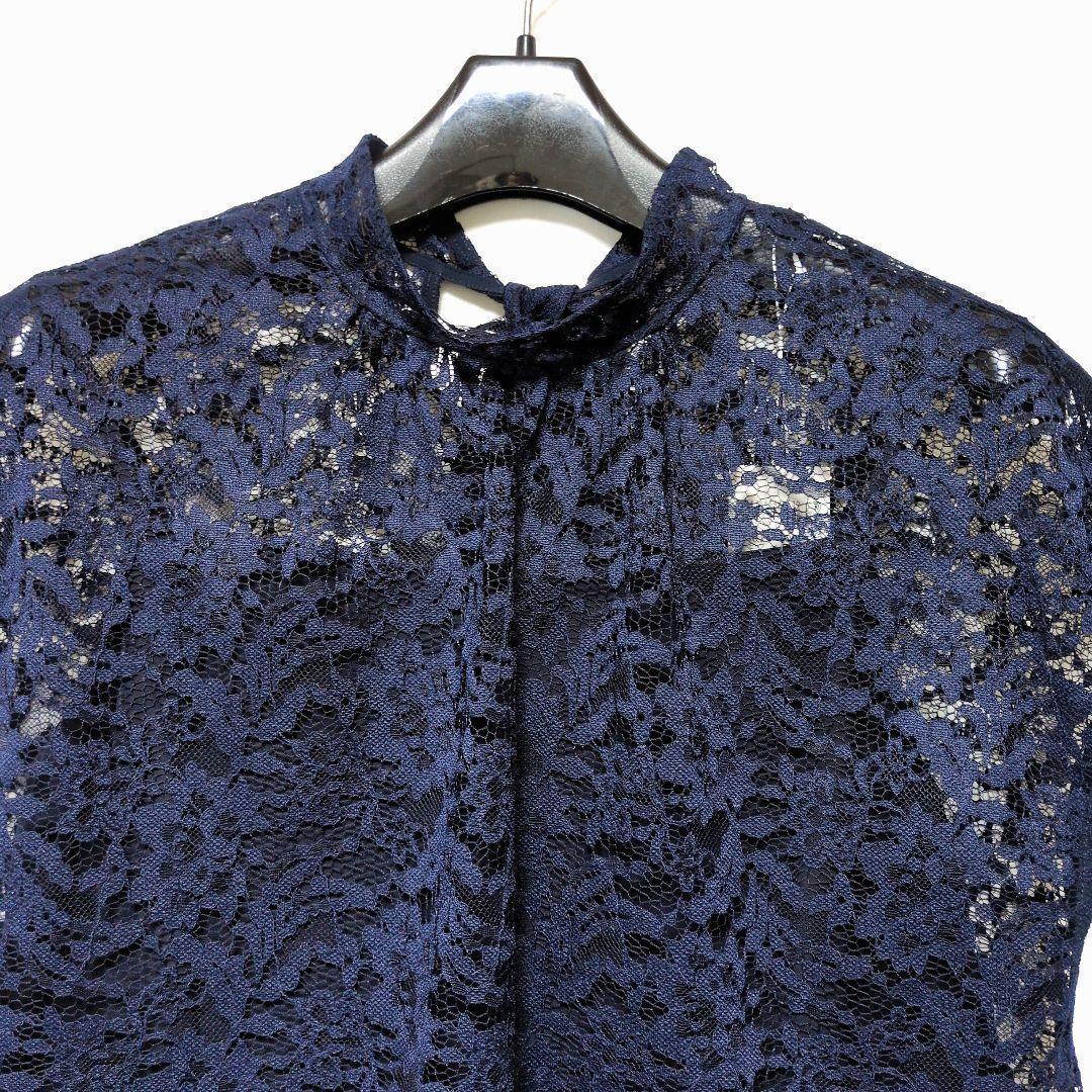 未使用 23区 レースコンビ ドレス リボン ロングワンピース ネイビー 紺