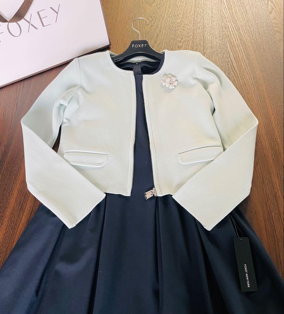 FOXEYレーヨンポリ ノーカラージャケット38