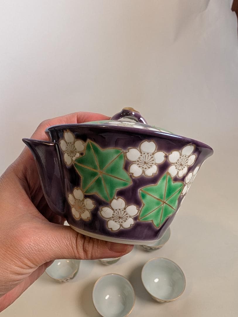 平安　清水焼　清川吉兆作　紫雲錦　宝瓶・湯冷し・煎茶椀5客 箱入り 煎茶道具