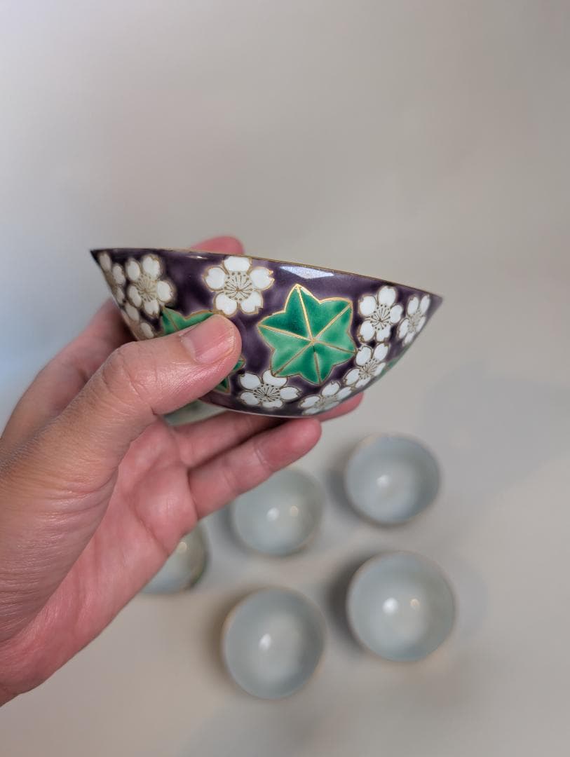 平安　清水焼　清川吉兆作　紫雲錦　宝瓶・湯冷し・煎茶椀5客 箱入り 煎茶道具