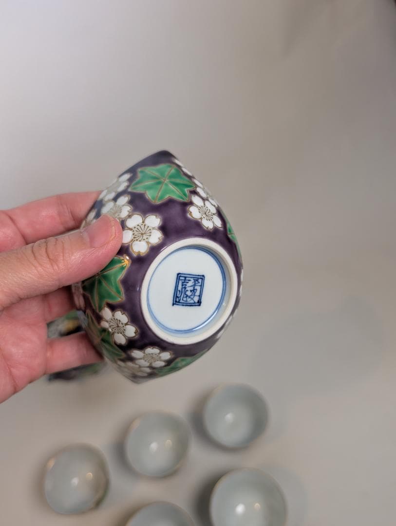 平安　清水焼　清川吉兆作　紫雲錦　宝瓶・湯冷し・煎茶椀5客 箱入り 煎茶道具