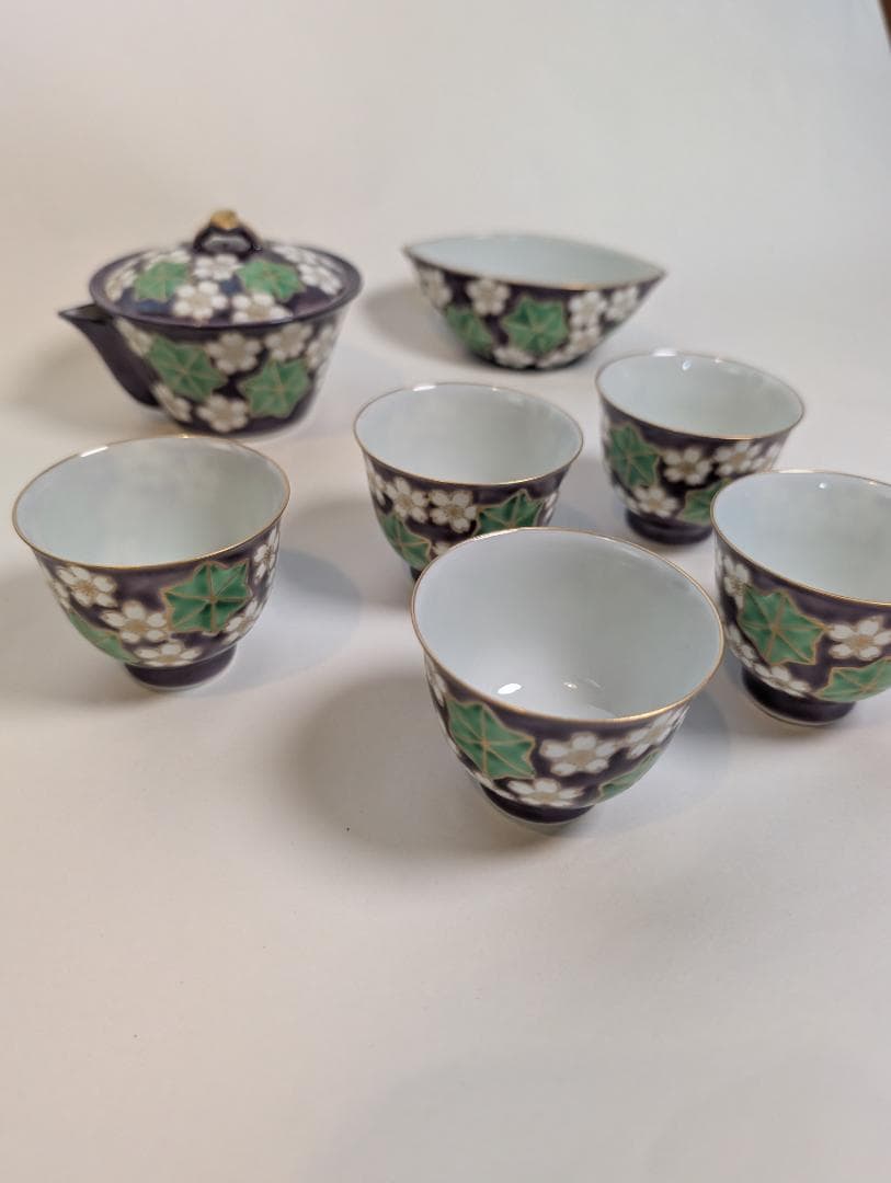 平安　清水焼　清川吉兆作　紫雲錦　宝瓶・湯冷し・煎茶椀5客 箱入り 煎茶道具