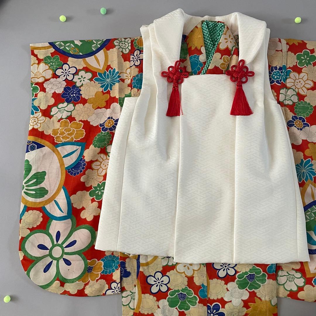 七五三　3歳　アンティークお着物セット　正絹白無地被布　髪飾り付き