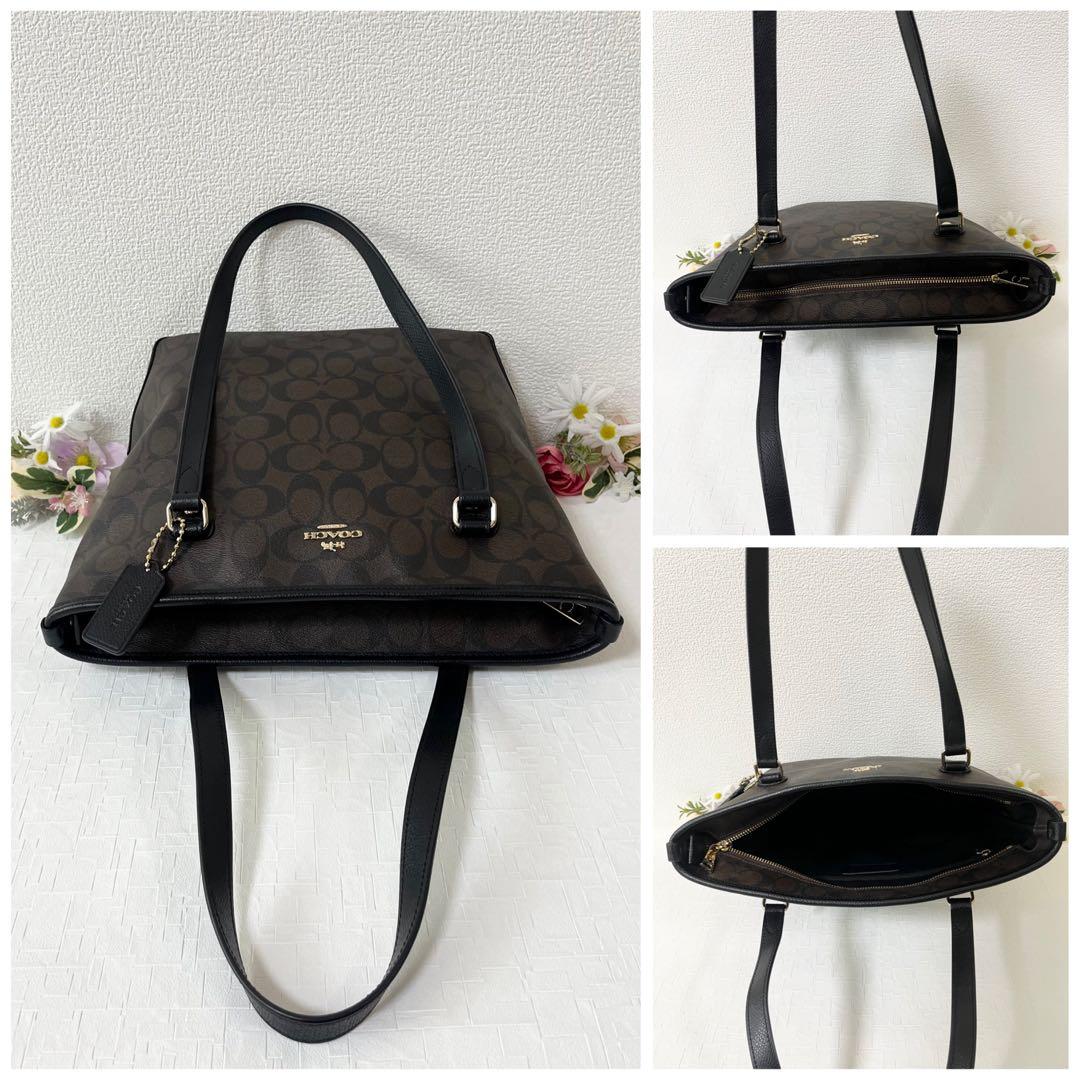 美品★COACH コーチ トートバッグ 肩掛け シグネチャー ブラウン チャーム