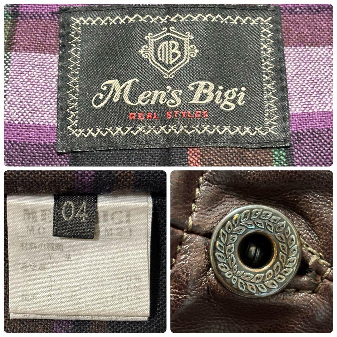 メンズビギ[羊革 XLサイズ]レザーテーラードジャケット 2way チェック柄