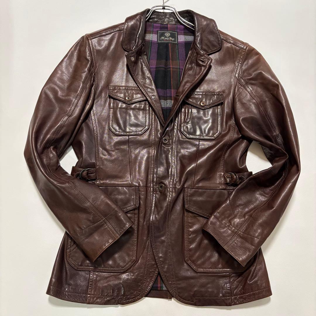 メンズビギ[羊革 XLサイズ]レザーテーラードジャケット 2way チェック柄