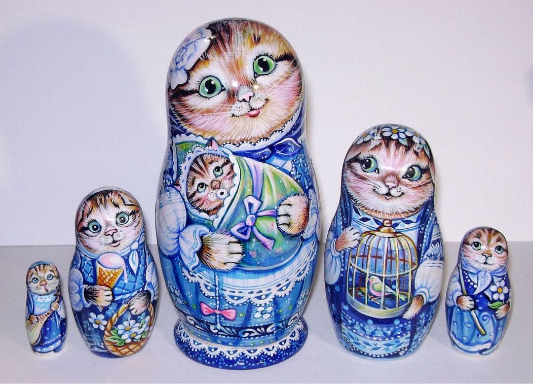 年末感謝セール♪ロシア雑貨☆ネコマトリョーシカ5P『グジェリの猫一家』ミラ最新作