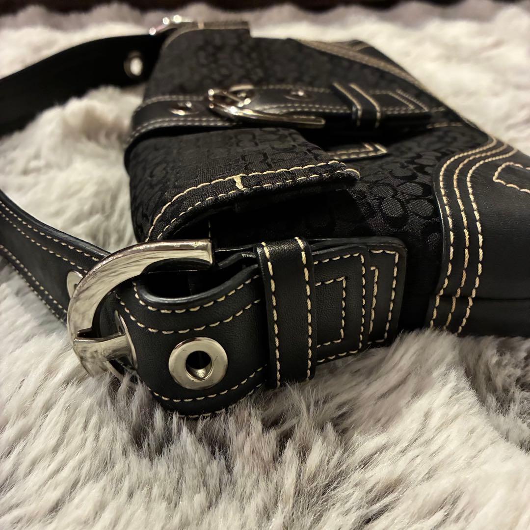 【美品】コーチ ショルダーバッグ シグネチャー 黒 キャンバス レザー 3628