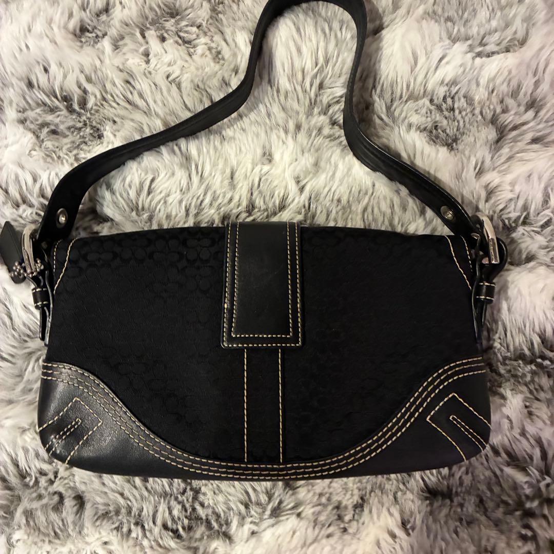 【美品】コーチ ショルダーバッグ シグネチャー 黒 キャンバス レザー 3628