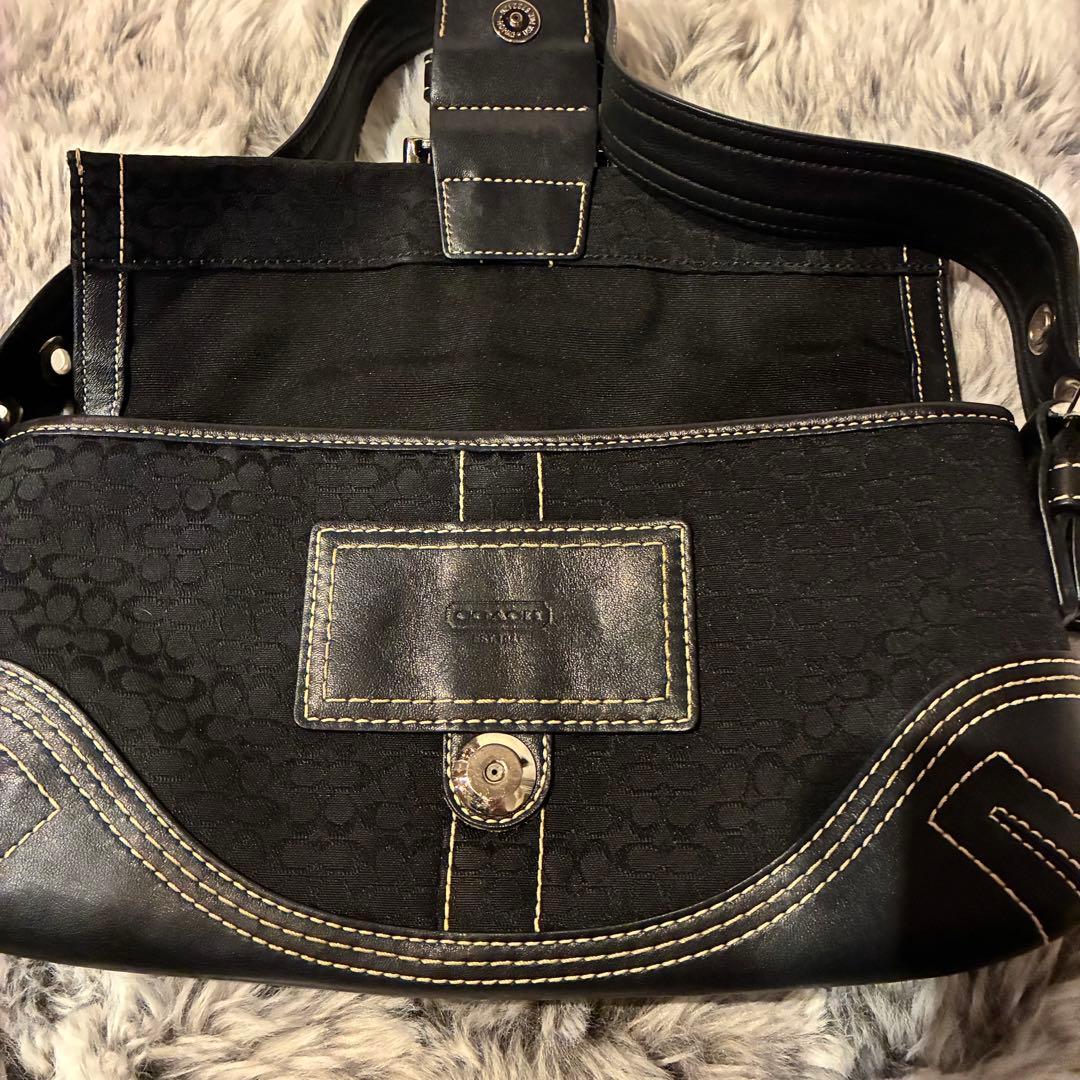 【美品】コーチ ショルダーバッグ シグネチャー 黒 キャンバス レザー 3628