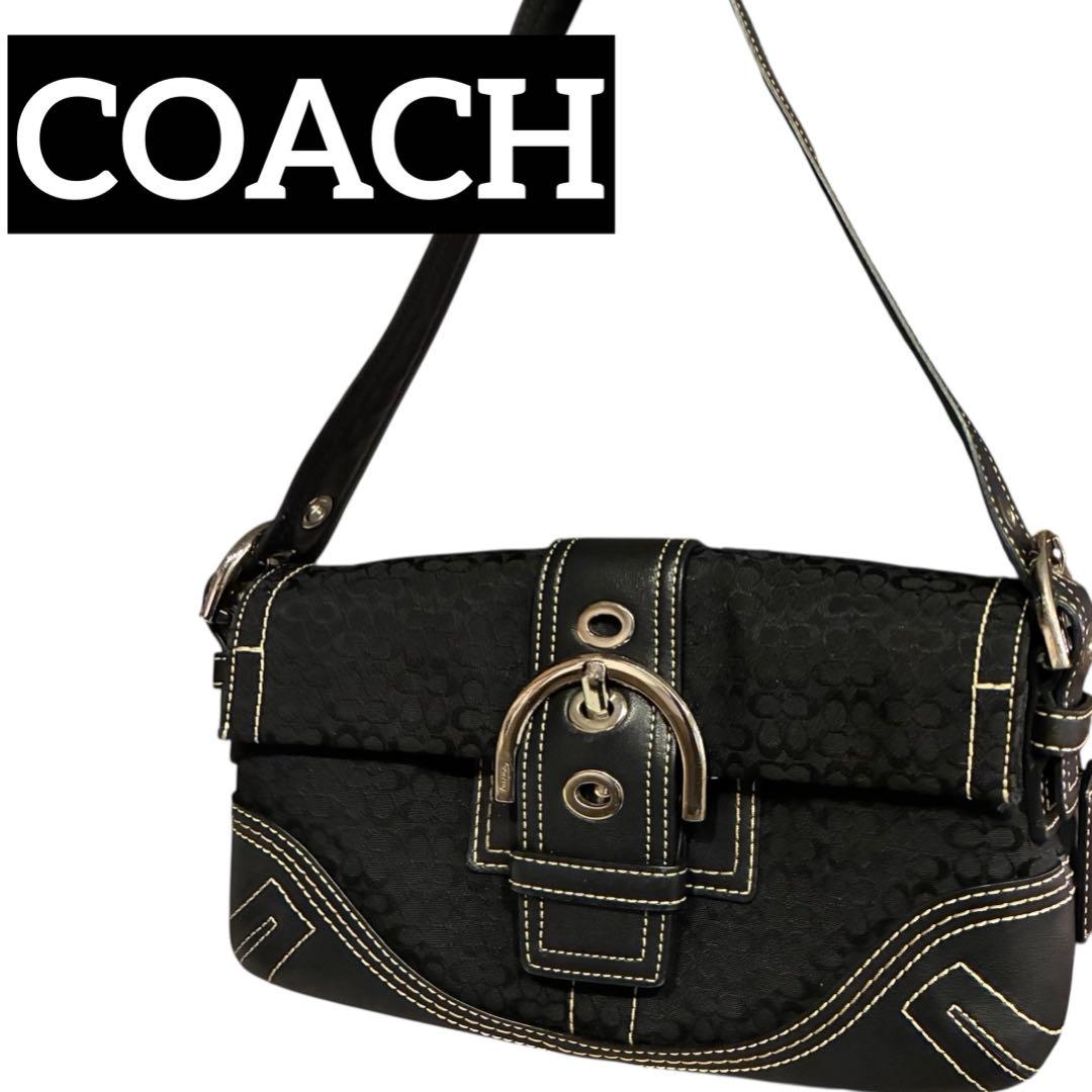 【美品】コーチ ショルダーバッグ シグネチャー 黒 キャンバス レザー 3628