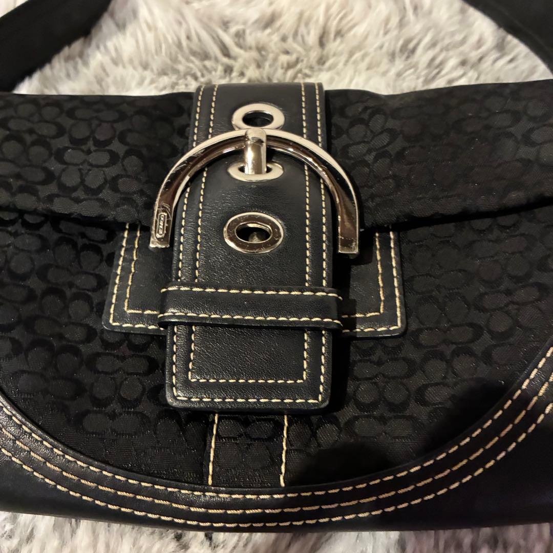 【美品】コーチ ショルダーバッグ シグネチャー 黒 キャンバス レザー 3628