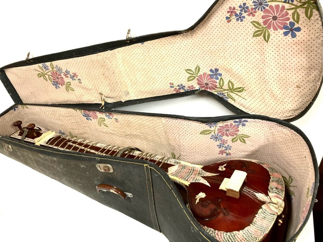 インド民族楽器◆シタール 全長124cm ピック／ハードケース付き 希少