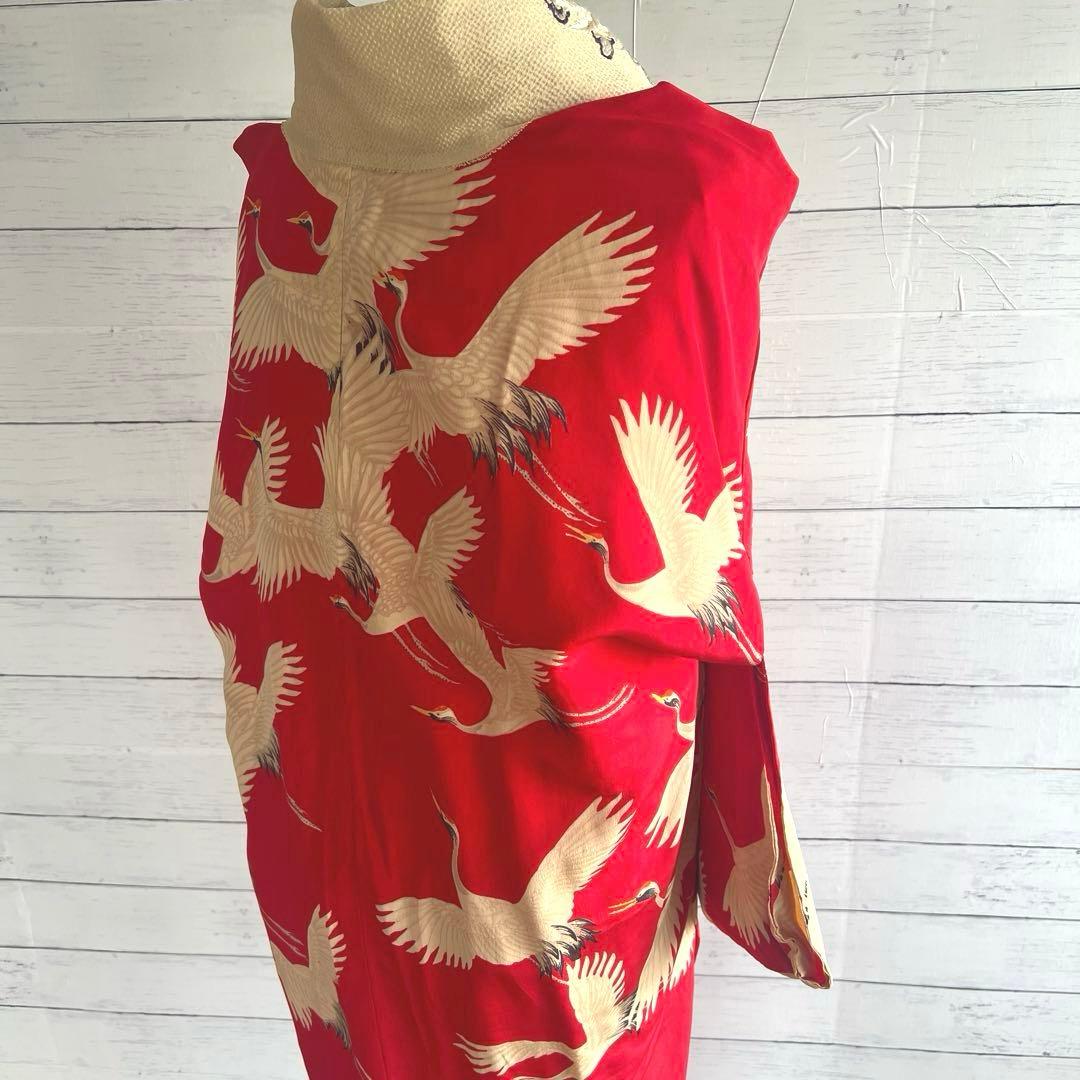 5944◆アンティーク長襦袢赤に鶴たちの乱舞時代物正絹艶やか大正浪漫レトロ