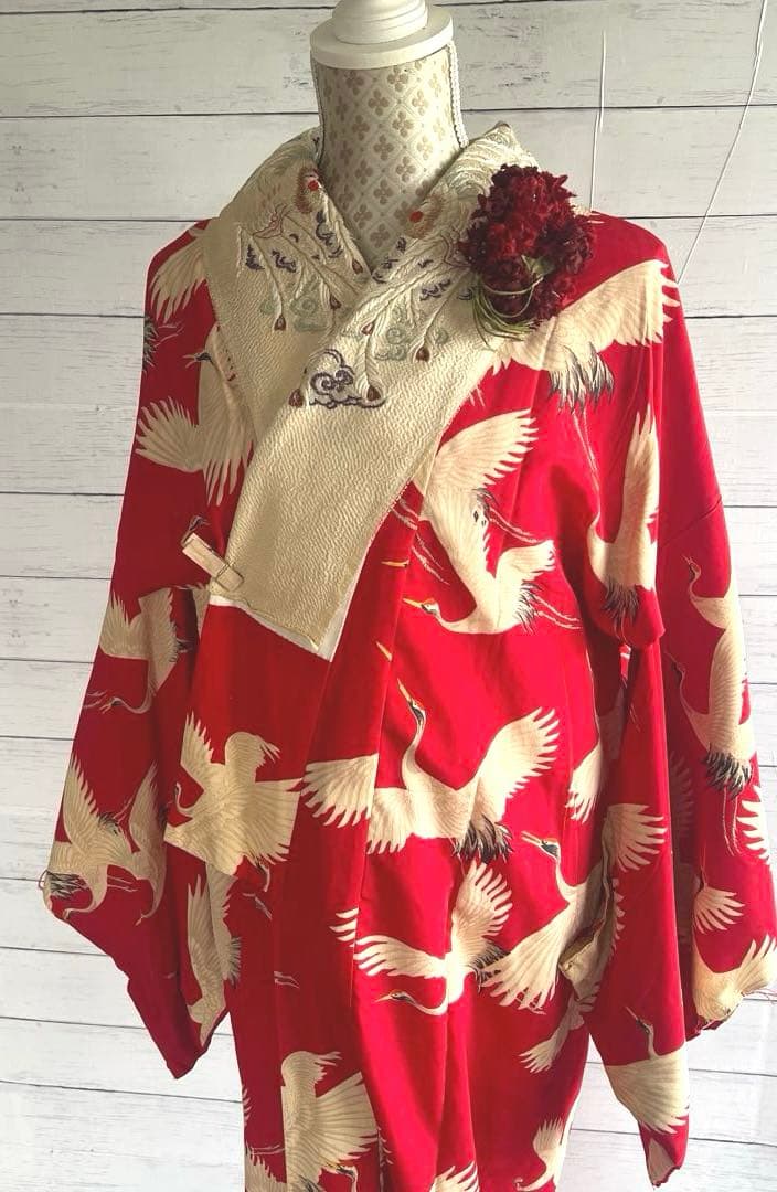 5944◆アンティーク長襦袢赤に鶴たちの乱舞時代物正絹艶やか大正浪漫レトロ