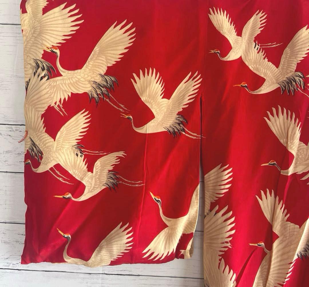 5944◆アンティーク長襦袢赤に鶴たちの乱舞時代物正絹艶やか大正浪漫レトロ