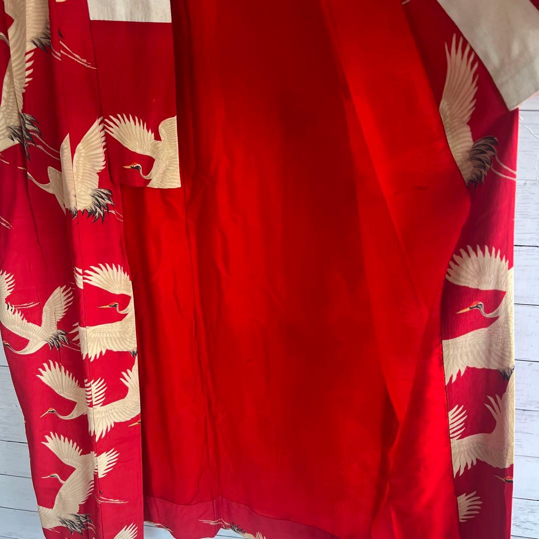 5944◆アンティーク長襦袢赤に鶴たちの乱舞時代物正絹艶やか大正浪漫レトロ