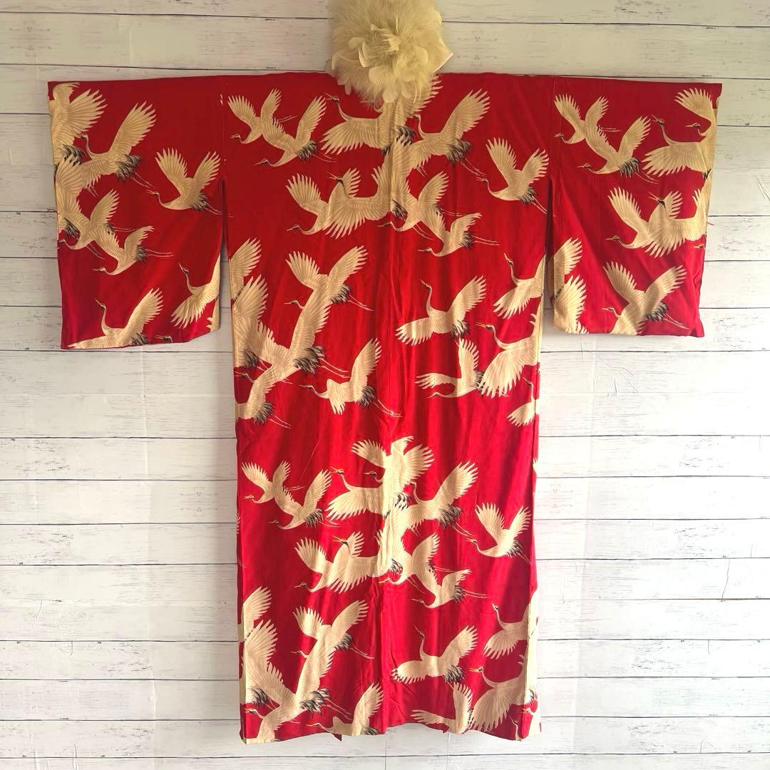 5944◆アンティーク長襦袢赤に鶴たちの乱舞時代物正絹艶やか大正浪漫レトロ