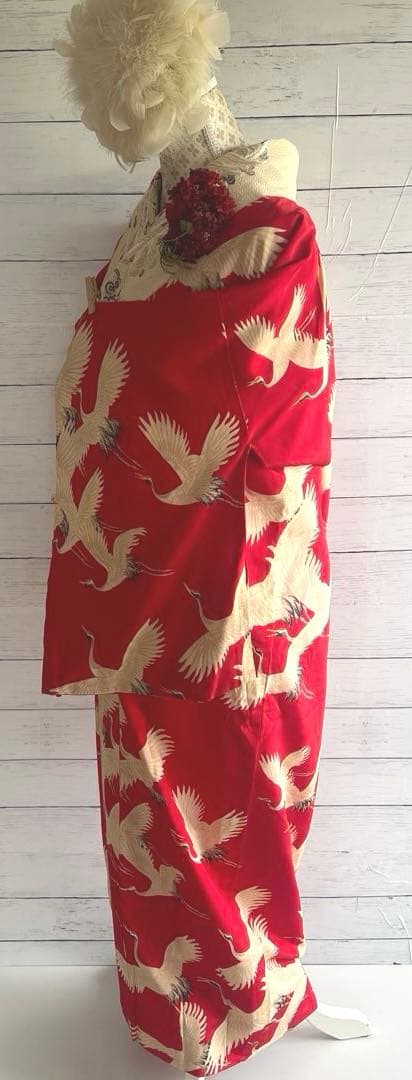 5944◆アンティーク長襦袢赤に鶴たちの乱舞時代物正絹艶やか大正浪漫レトロ