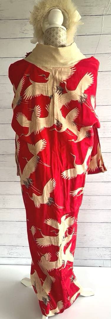 5944◆アンティーク長襦袢赤に鶴たちの乱舞時代物正絹艶やか大正浪漫レトロ