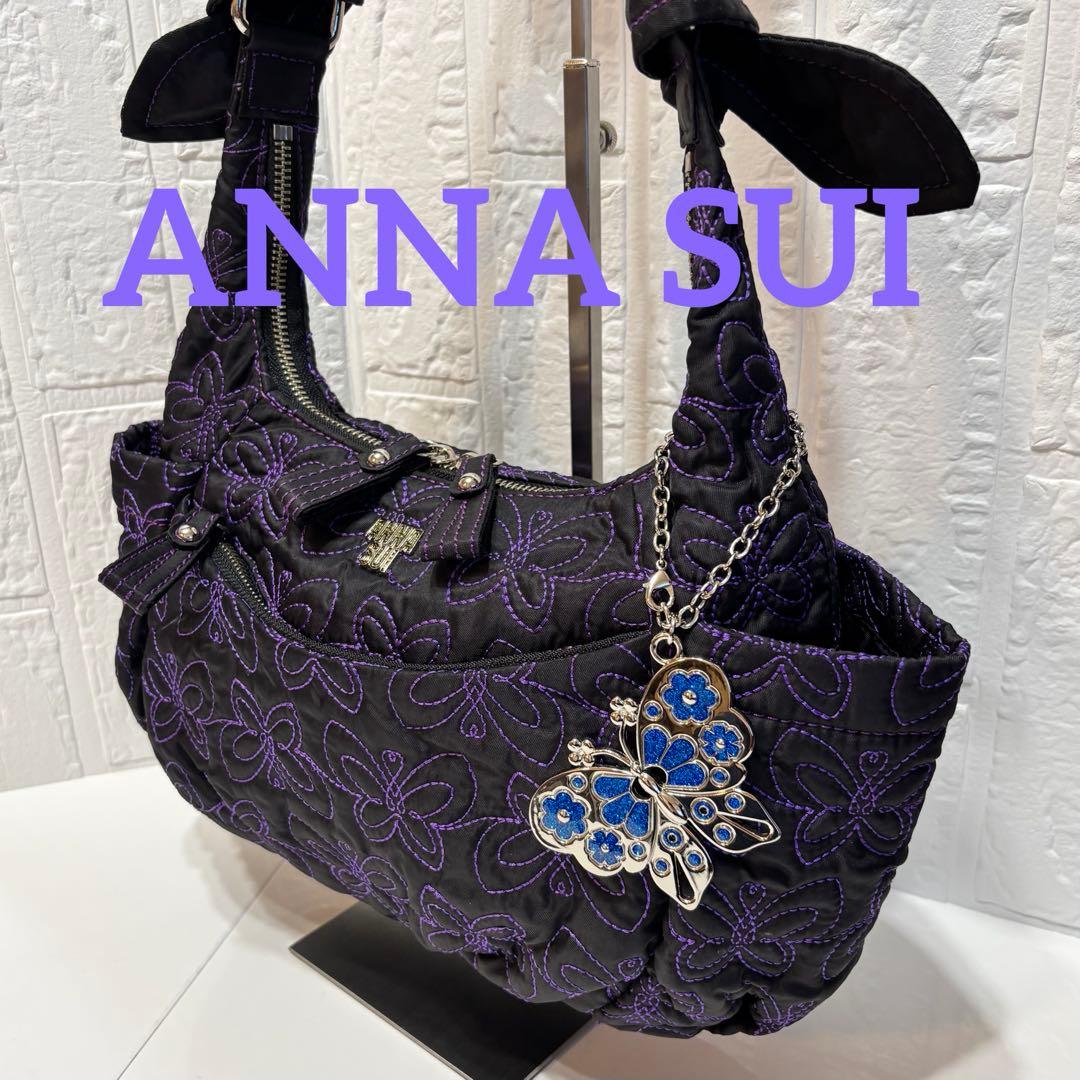 ANNA SUIアナスイ ショルダーバッグ　　キルティング 刺繍 黒紫バタフライ