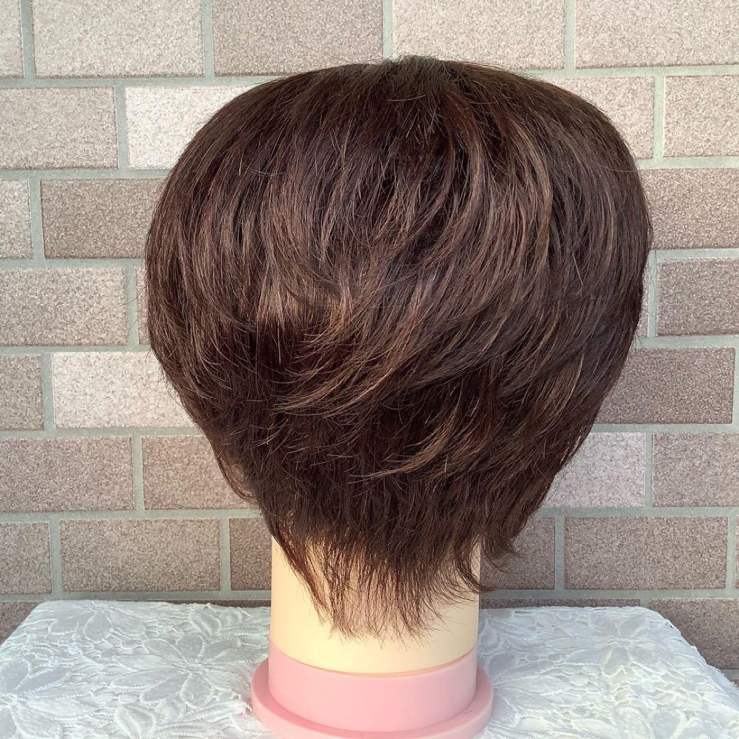 人毛100% フルウィッグ 医療ウィッグ ショートカール ダークブラウン