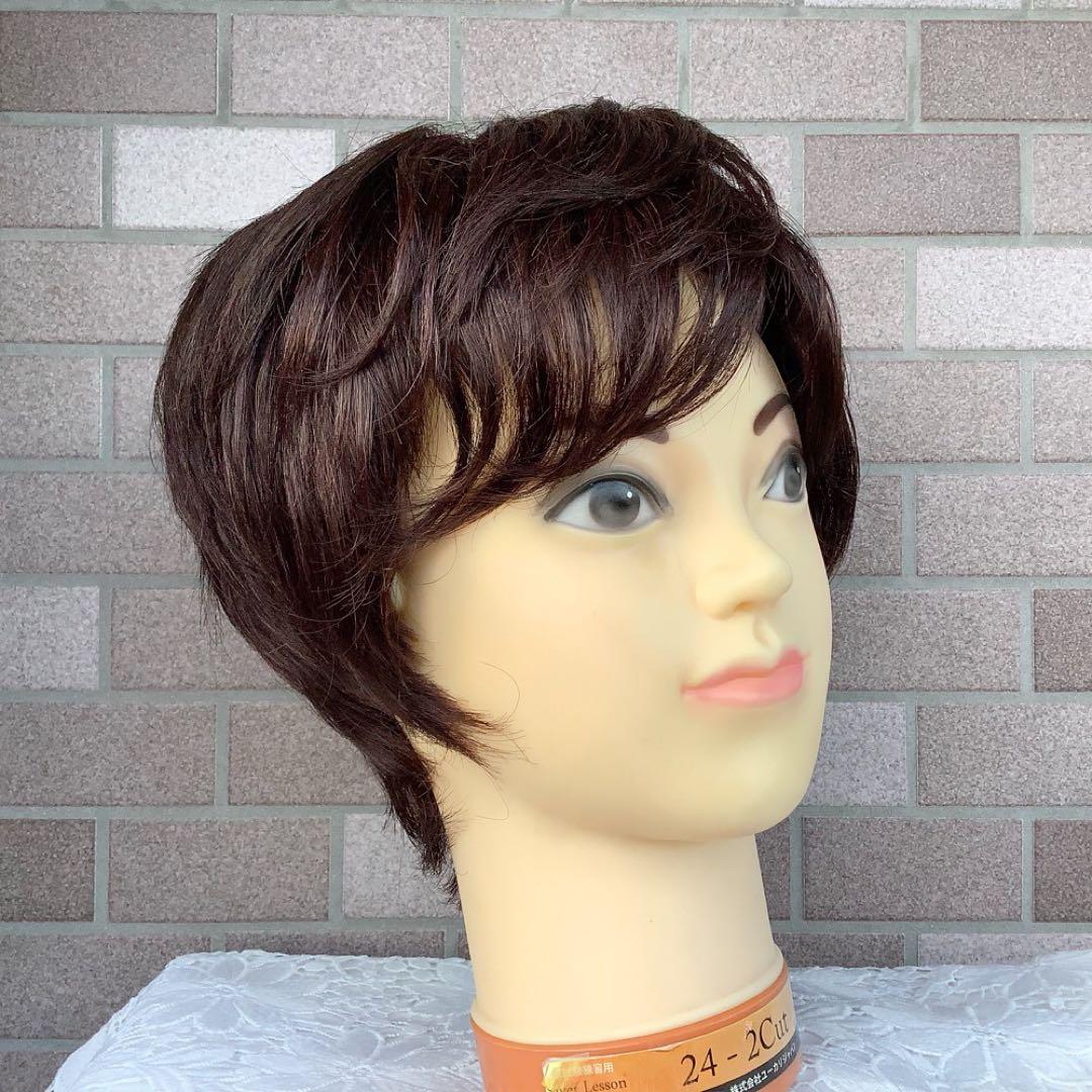 人毛100% フルウィッグ 医療ウィッグ ショートカール ダークブラウン