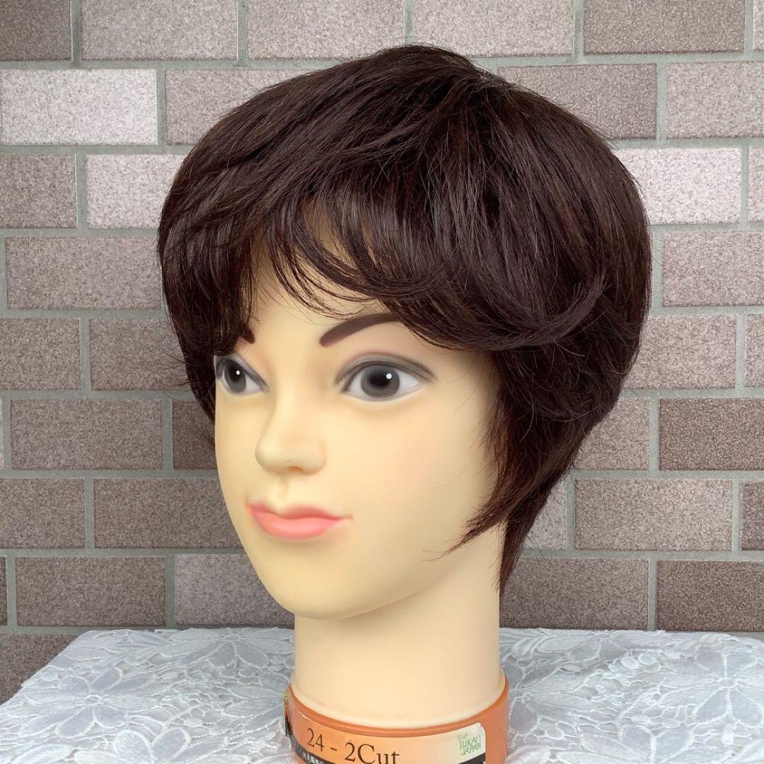 人毛100% フルウィッグ 医療ウィッグ ショートカール ダークブラウン