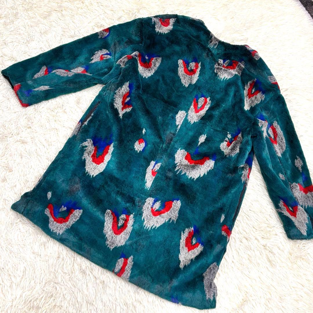 極美品✨TRUNO 総柄　高級ファーノーカラーコート孔雀柄 定価¥46,200