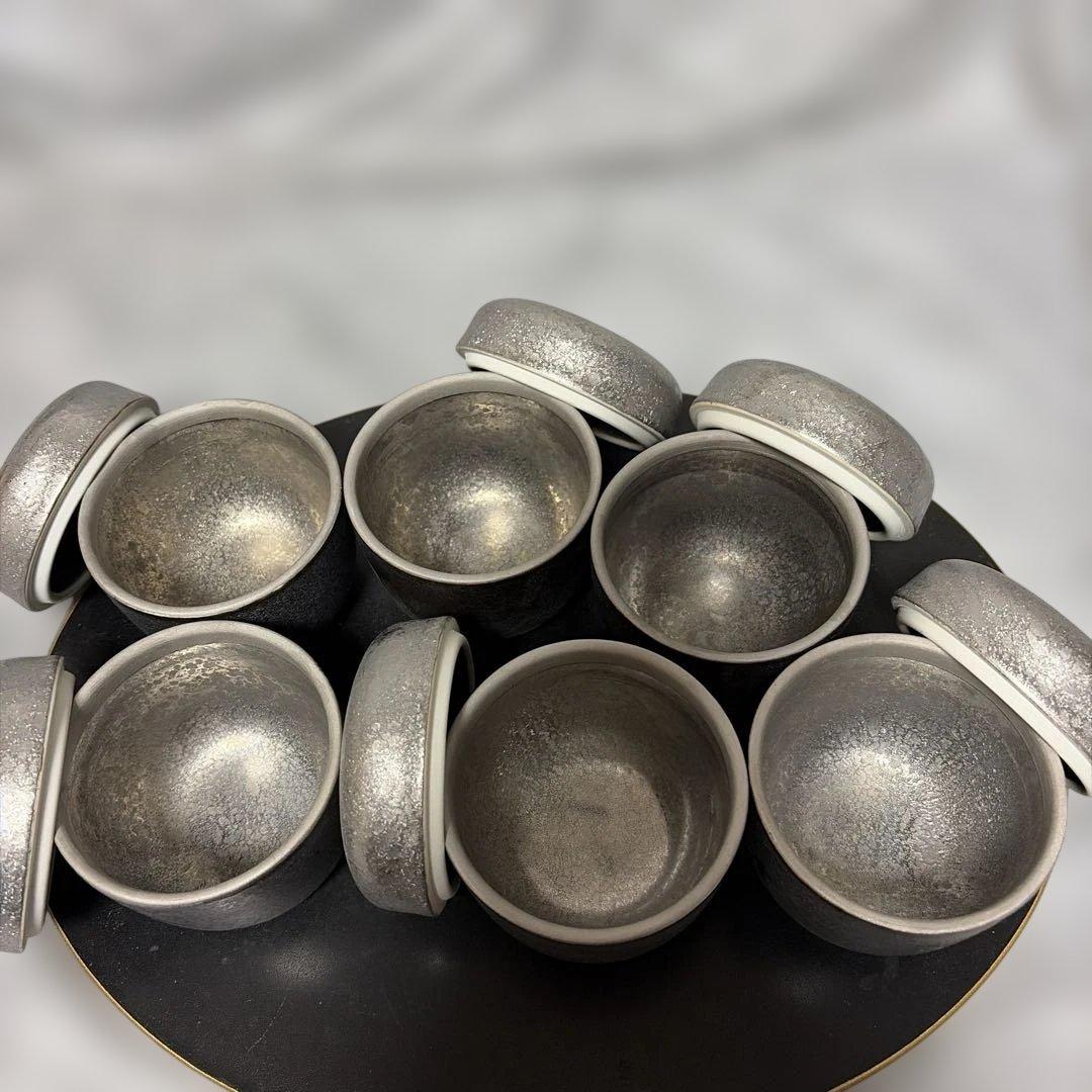 【有田焼】陶悦窯　黒晶銀塗り　蓋付蒸し碗　6個