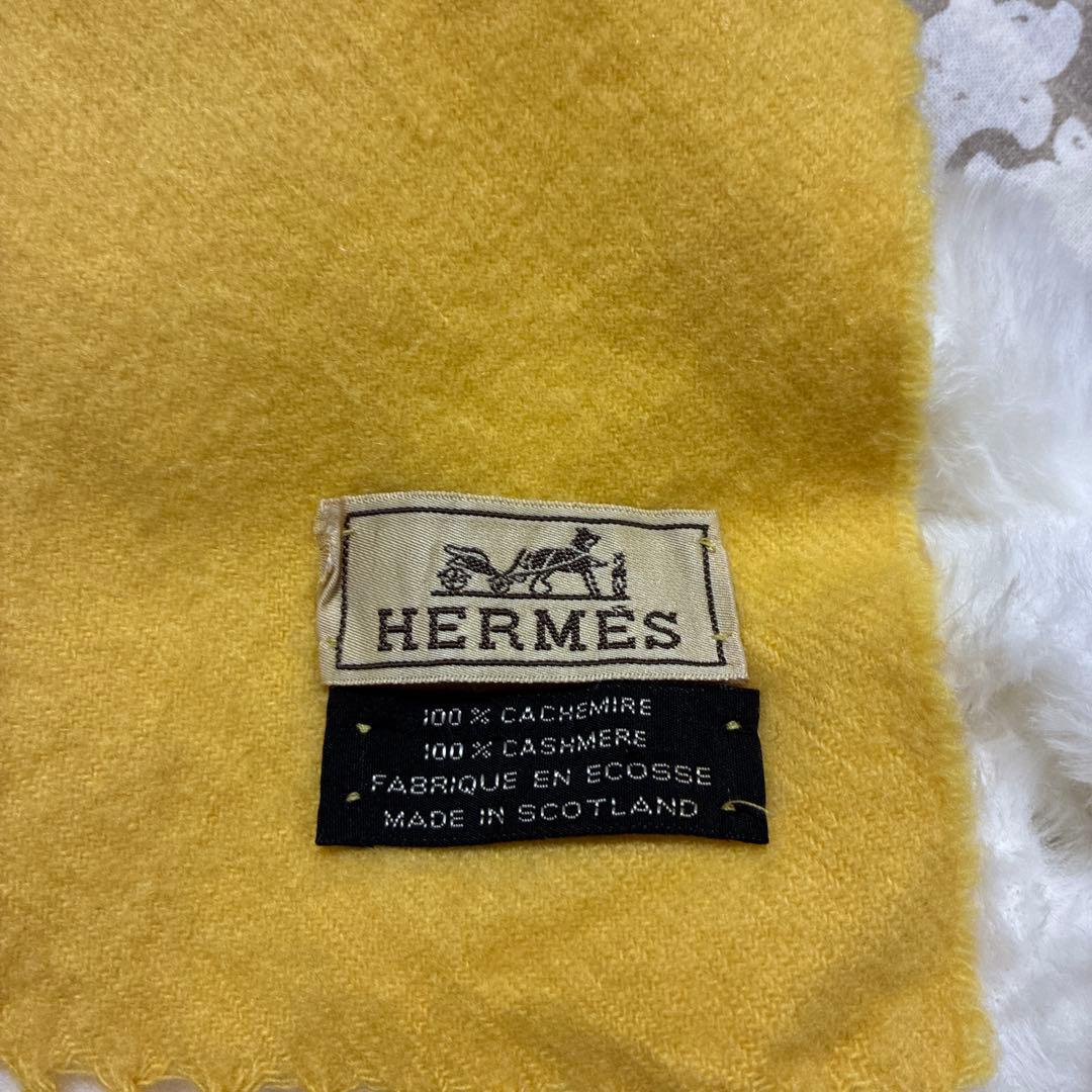 HERMES カシミヤ100% イエローマフラー フリンジ付き