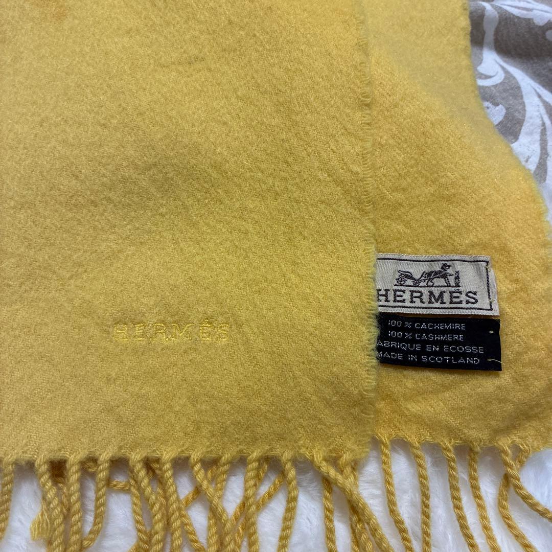 HERMES カシミヤ100% イエローマフラー フリンジ付き