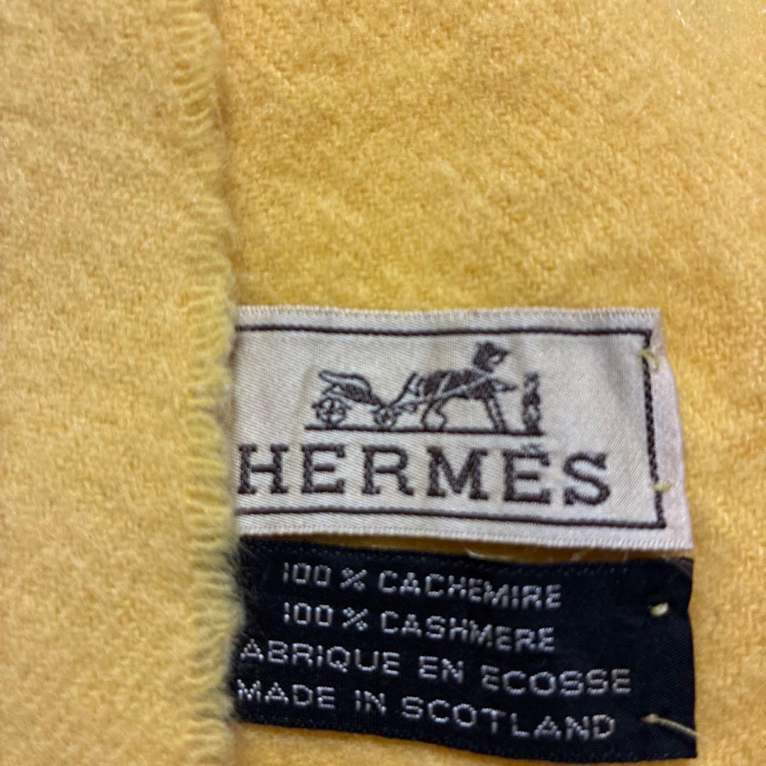 HERMES カシミヤ100% イエローマフラー フリンジ付き