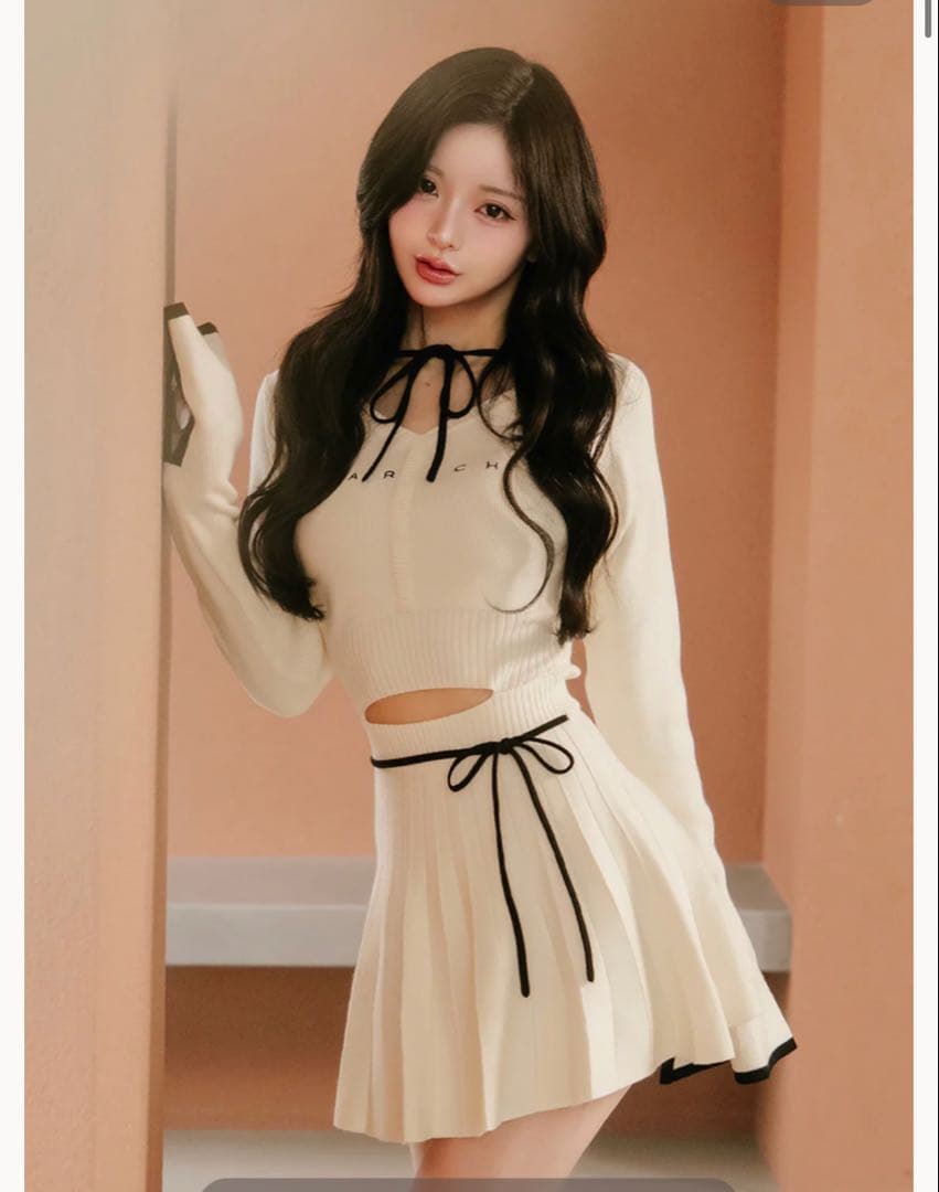 ウエストオープンリボンデザインニットミニワンピース