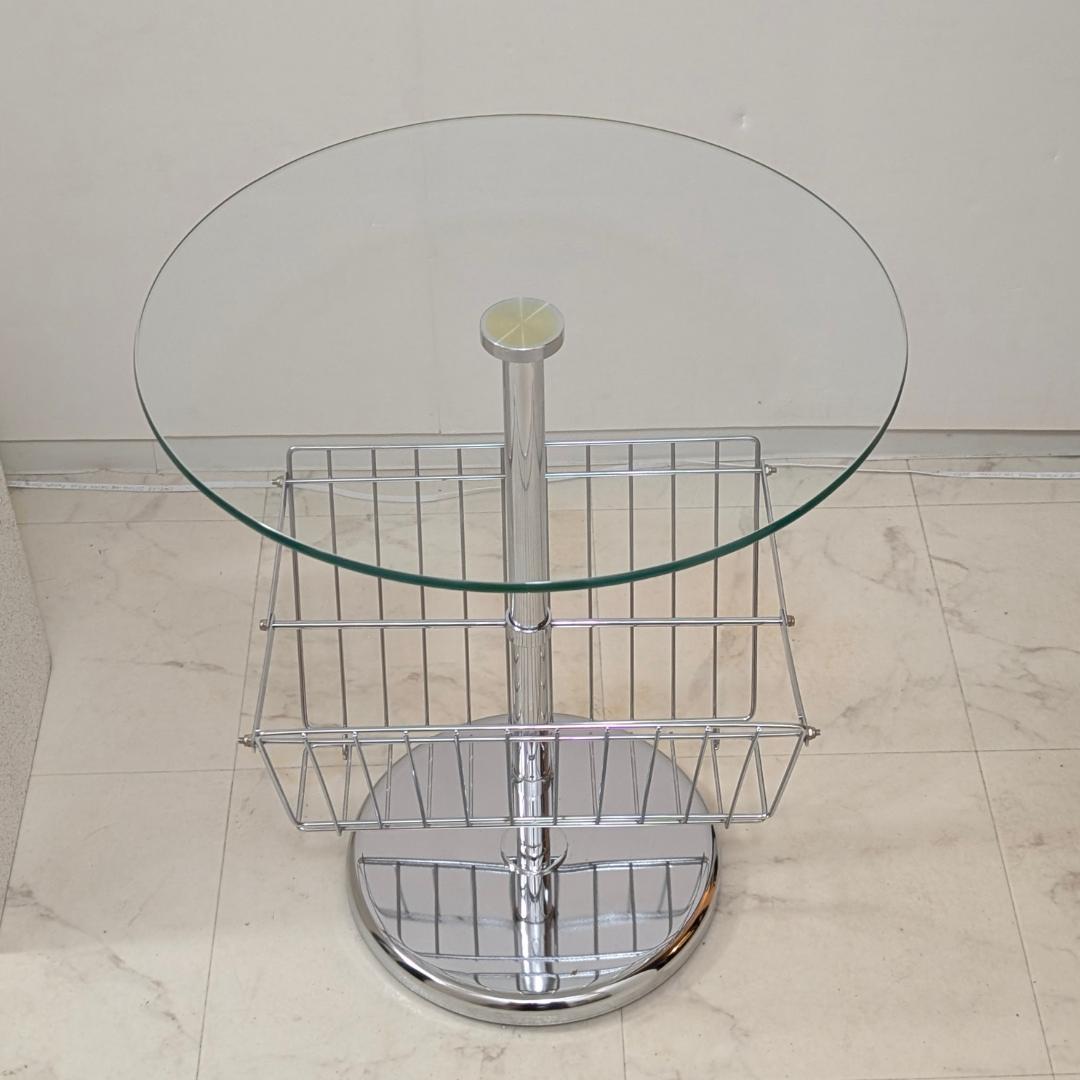 ガラス×クローム サイドテーブル マガジンラック付き ビンテージ Y2K ポップ